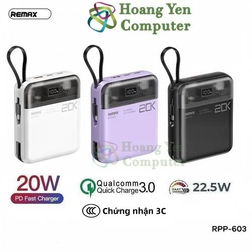[Có CCC] Sạc Dự Phòng Mini Remax RPP-603 20000Mah (Sạc Nhanh QC3.0, VOOC 2.0, PD20W), Tích Hợp Cáp Sạc - BH 1 Năm