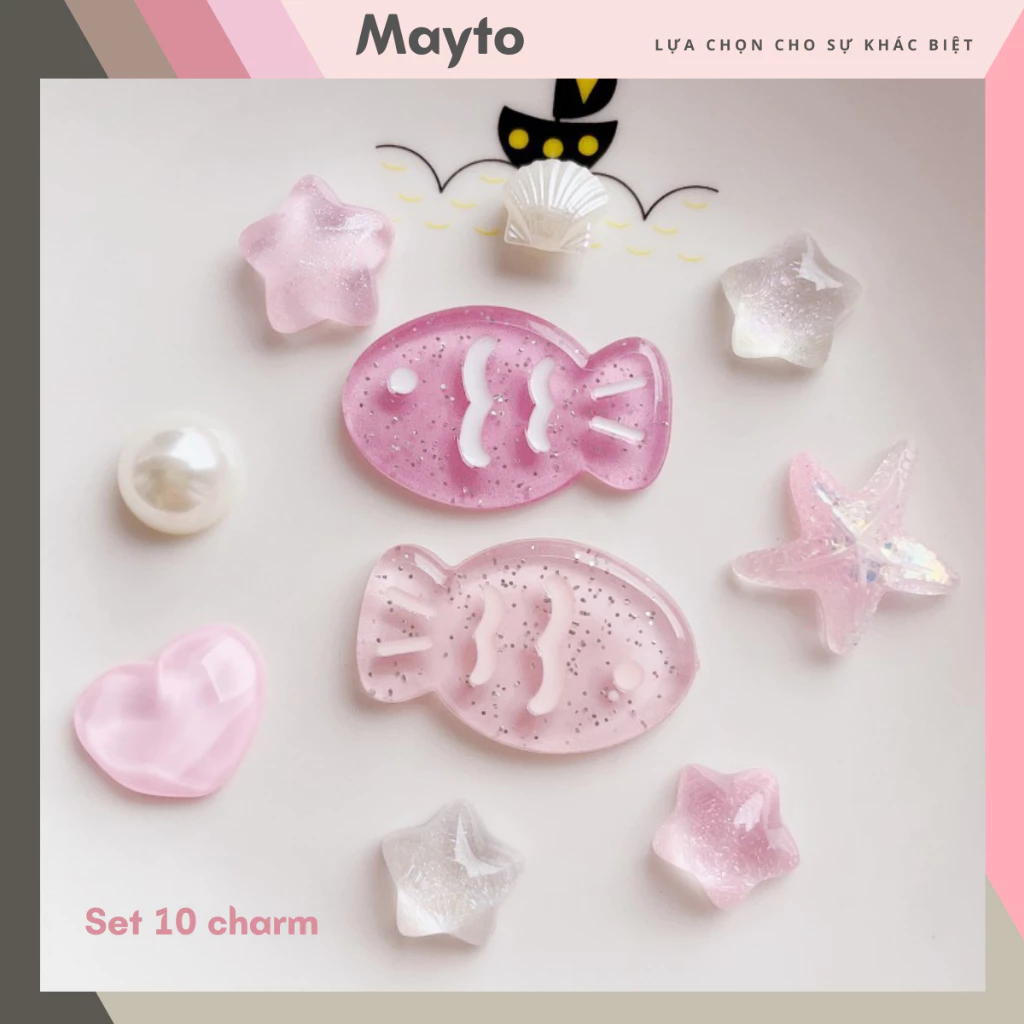Bộ 10 Sticker, Charm 3D chủ đề Cá hồng sao nhựa cứng gắn Dép Sục, Cá Sấu MayTo JB-365