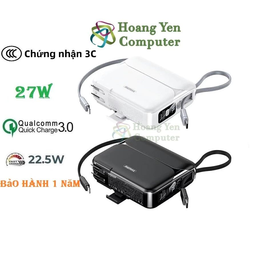 [Có CCC] Sạc Dự Phòng Remax RPP-553 20000Mah (Sạc Nhanh QC3.0, 22.5W, 27W), Tích Hợp Cáp Sạc, Nguồn AC Sạc Trực Tiếp