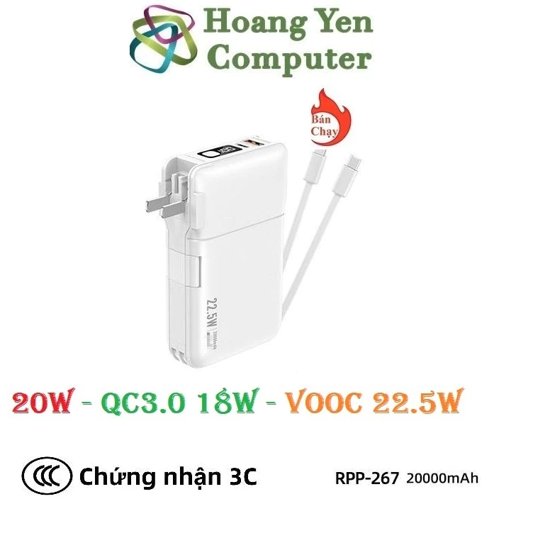 [Có CCC] Sạc Dự Phòng Remax RPP-267 20000Mah (Sạc Nhanh QC3.0, VOOC 2.0, PD20W), Tích Hợp Cáp Sạc, Nguồn Sạc Trực Tiếp