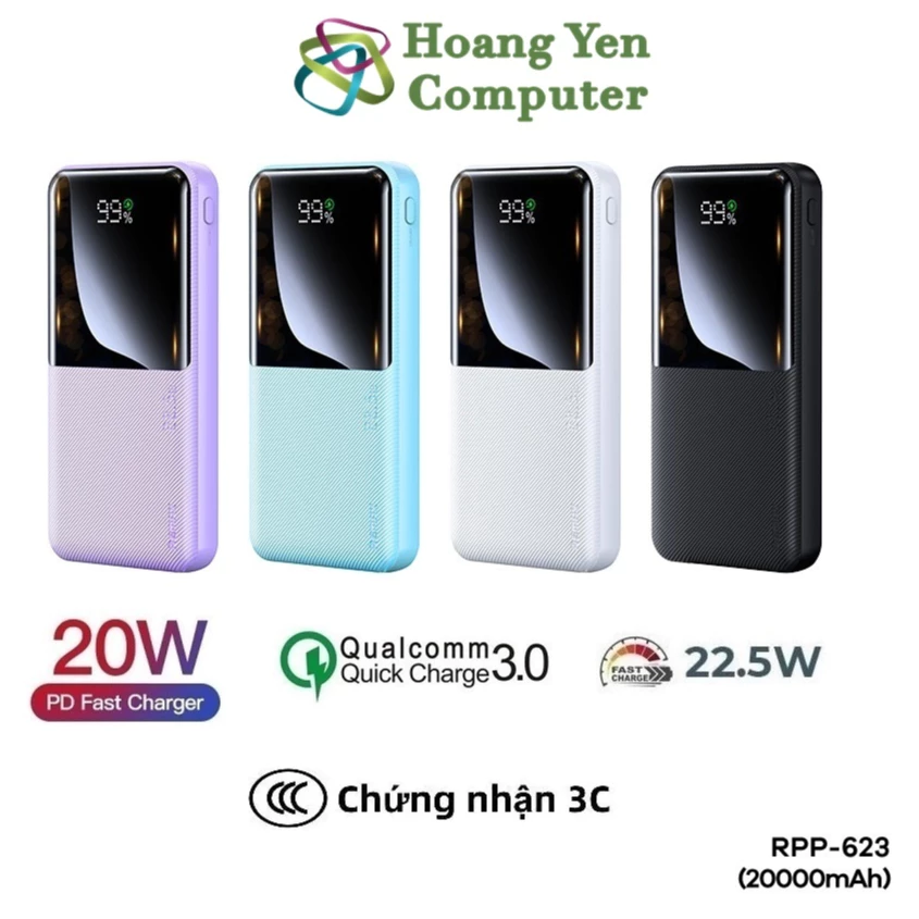 [Có CCC] Sạc Dự Phòng Remax RPP-623 20000Mah Siêu Đẹp (Sạc Nhanh QC3.0 18W, 22.5W, PD20W, VOOC 2.0) - BH 1 Năm - Hoàng Y