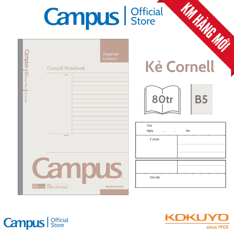 Vở Gáy Keo Kẻ Cornell Campus Bố Cục 3 Phần Ghi Chép Tối Ưu Vở Basic Notebook Phong Cách Đơn Giản