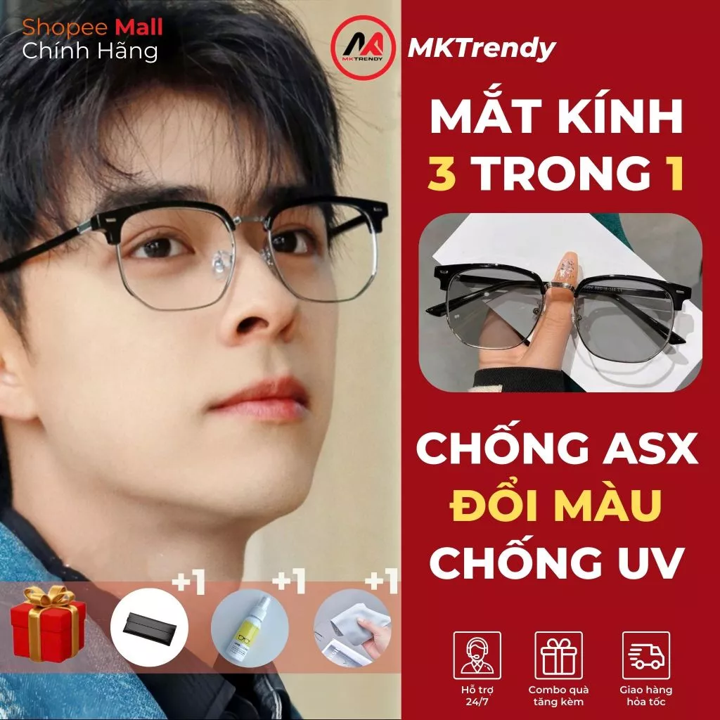 Kính đổi màu MKTRENDY gọng kim loại tròn nửa viền chống tia UV chống ánh sáng xanh nam nữ thời trang X12
