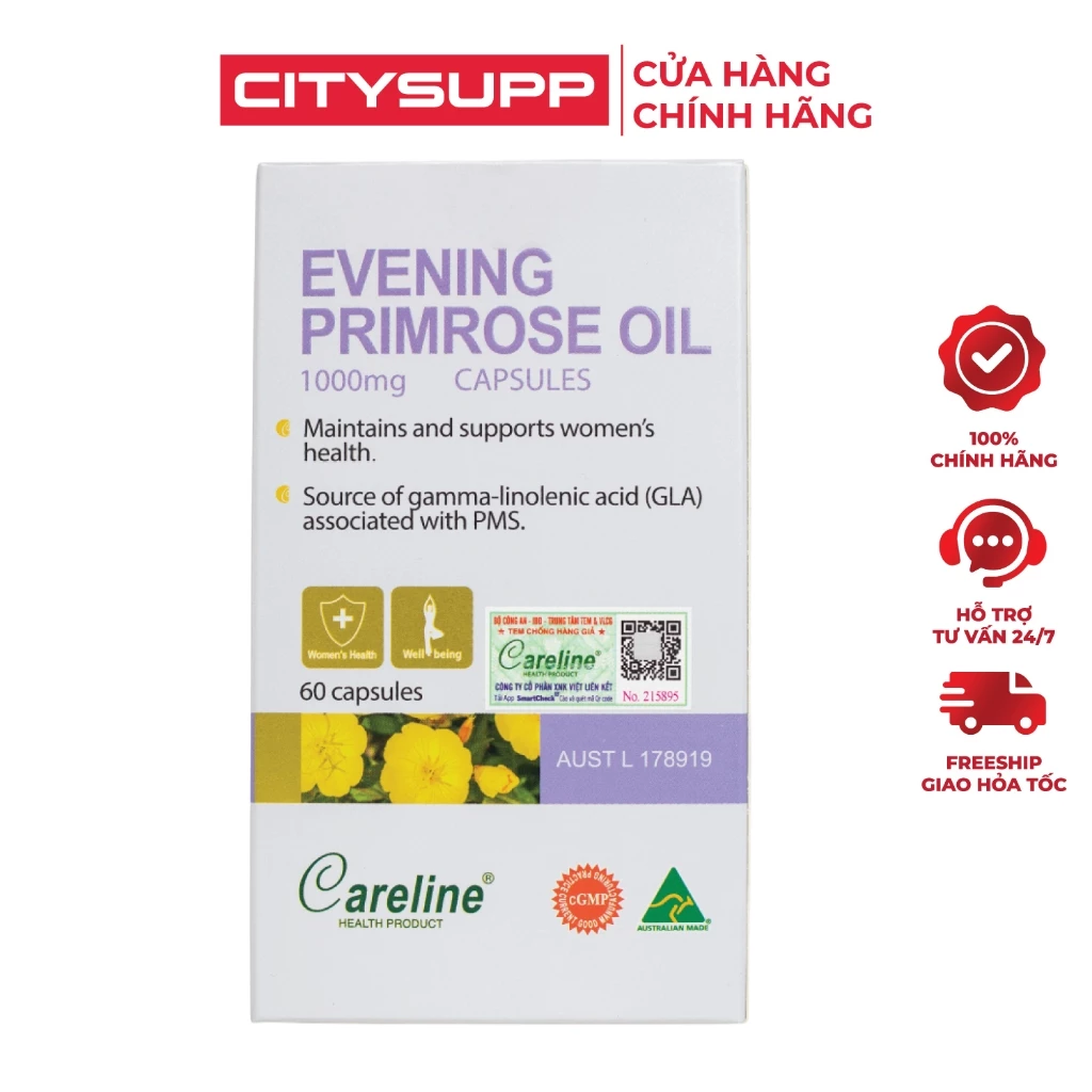 Viên Uống Tinh Dầu Hoa Anh Thảo Ép Lạnh Careline Evening Primrose Oil 1000mg (60 Viên) CitySupp