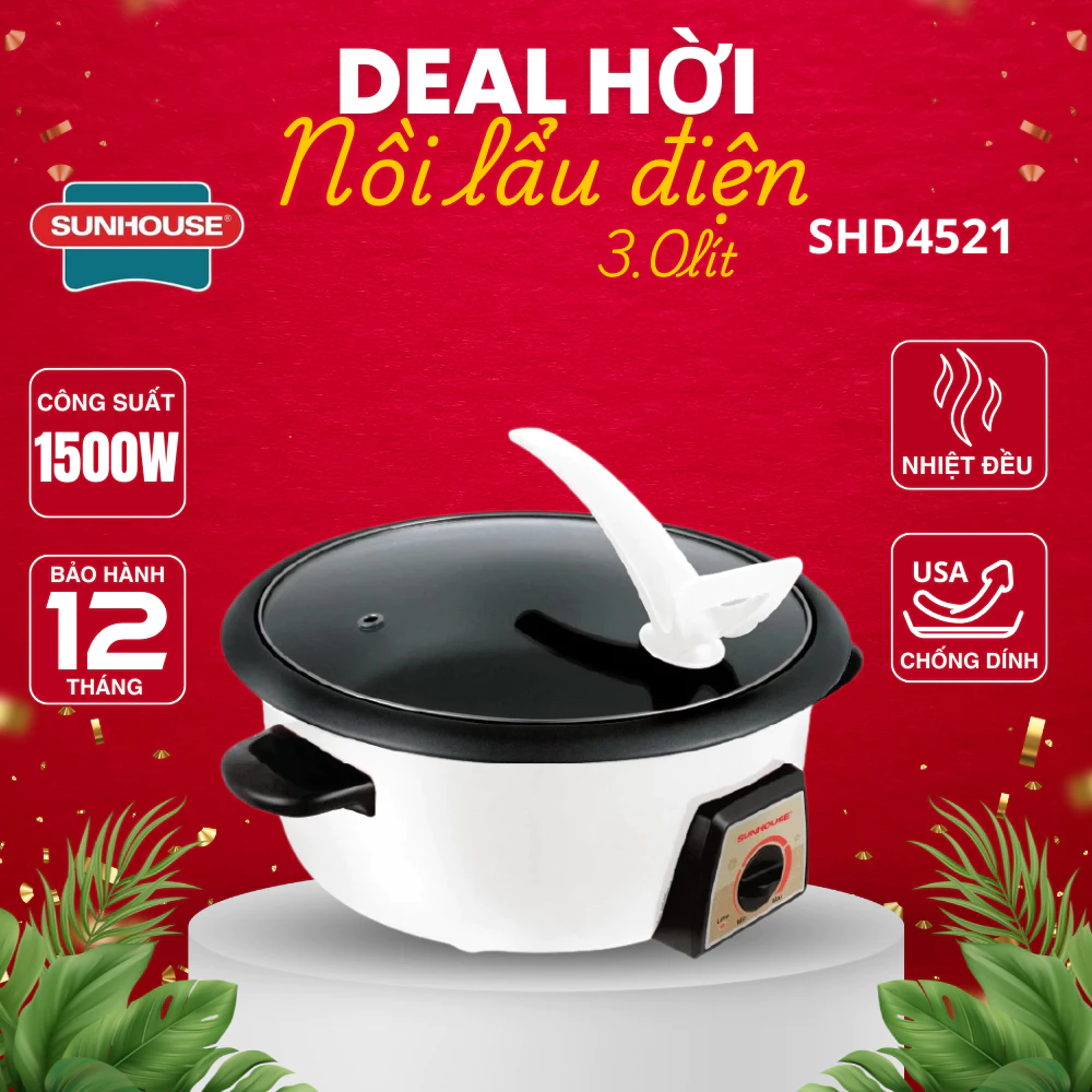 Lẩu điện Sunhouse SHD4521 - Công suất 1500W - Nồi dung tích 3L - Các bộ phận có thể tháo rời - Điều chỉnh núm xoay