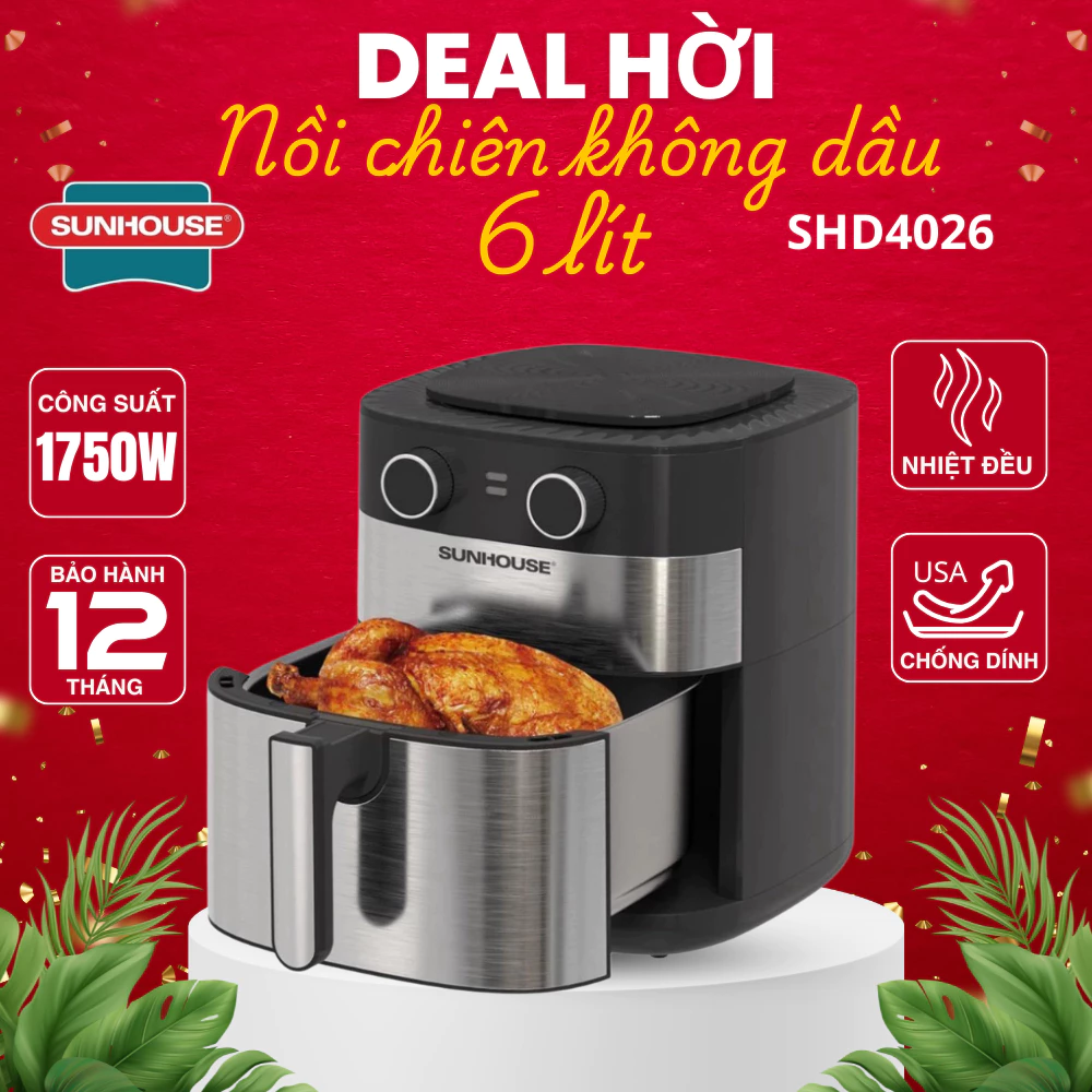 Nồi chiên không dầu 6.0L Sunhouse SHD4026 dung tích 6L | Công suất mạnh 1750W | Núm điều khi