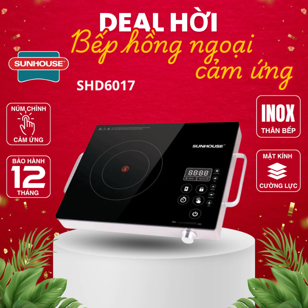 Bếp hồng ngoại Sunhouse SHD6017, Mặt kính cường lực cảm ứng - sang trọng, Tặng kèm vỉ nướng