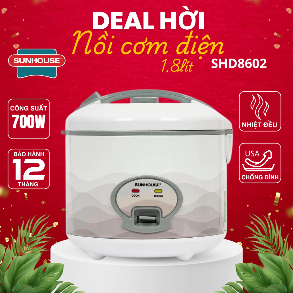Nồi cơm điện 1.8L Sunhouse SHD8602 công suất 700W tỏa nhiệt đều, nấu nhanh Hàng chính hãng