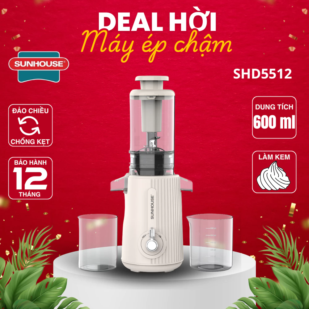Máy ép chậm Sunhouse SHD5516 Công Suất 150W Ép kiệt bã, thách thức mọi loại rau củ quả nhiều xơ