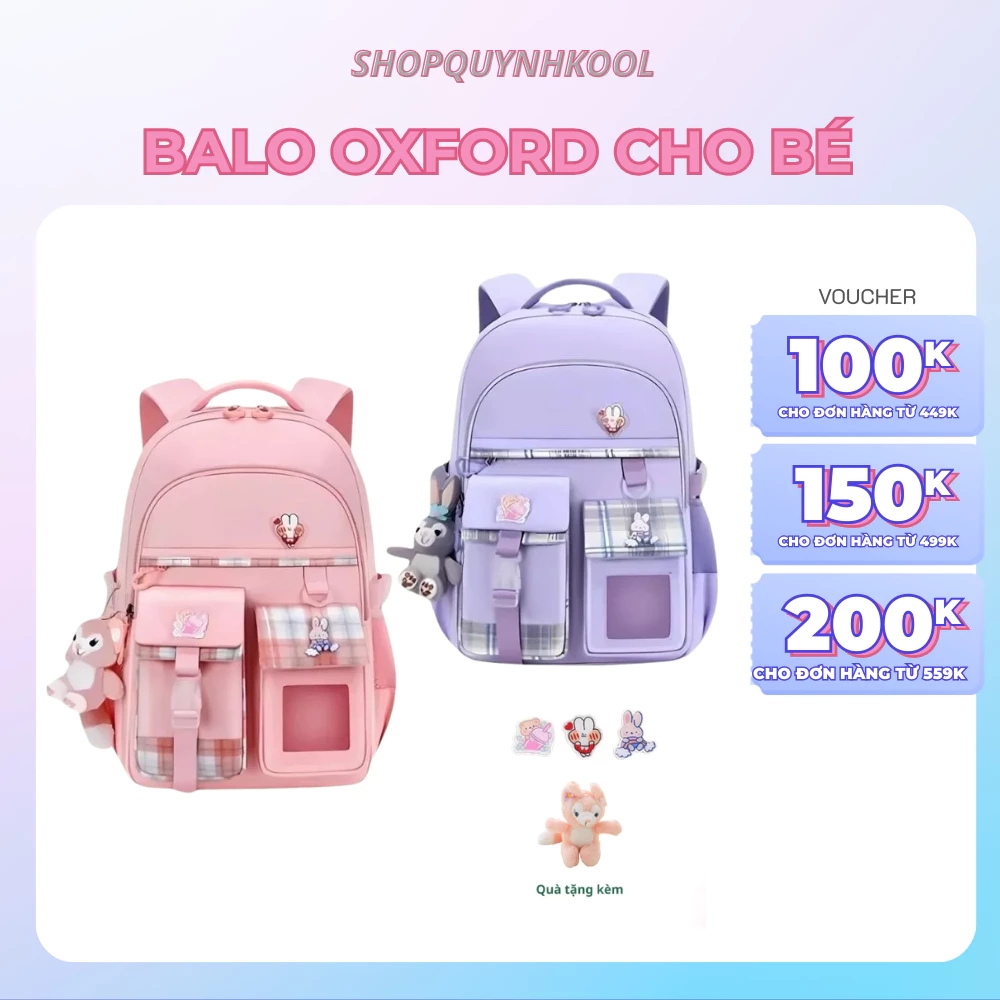 Balo oxford đi học cho bé gái chống gù siêu nhẹ tặng kèm gấu bông chất liệu chống thấm siêu bền