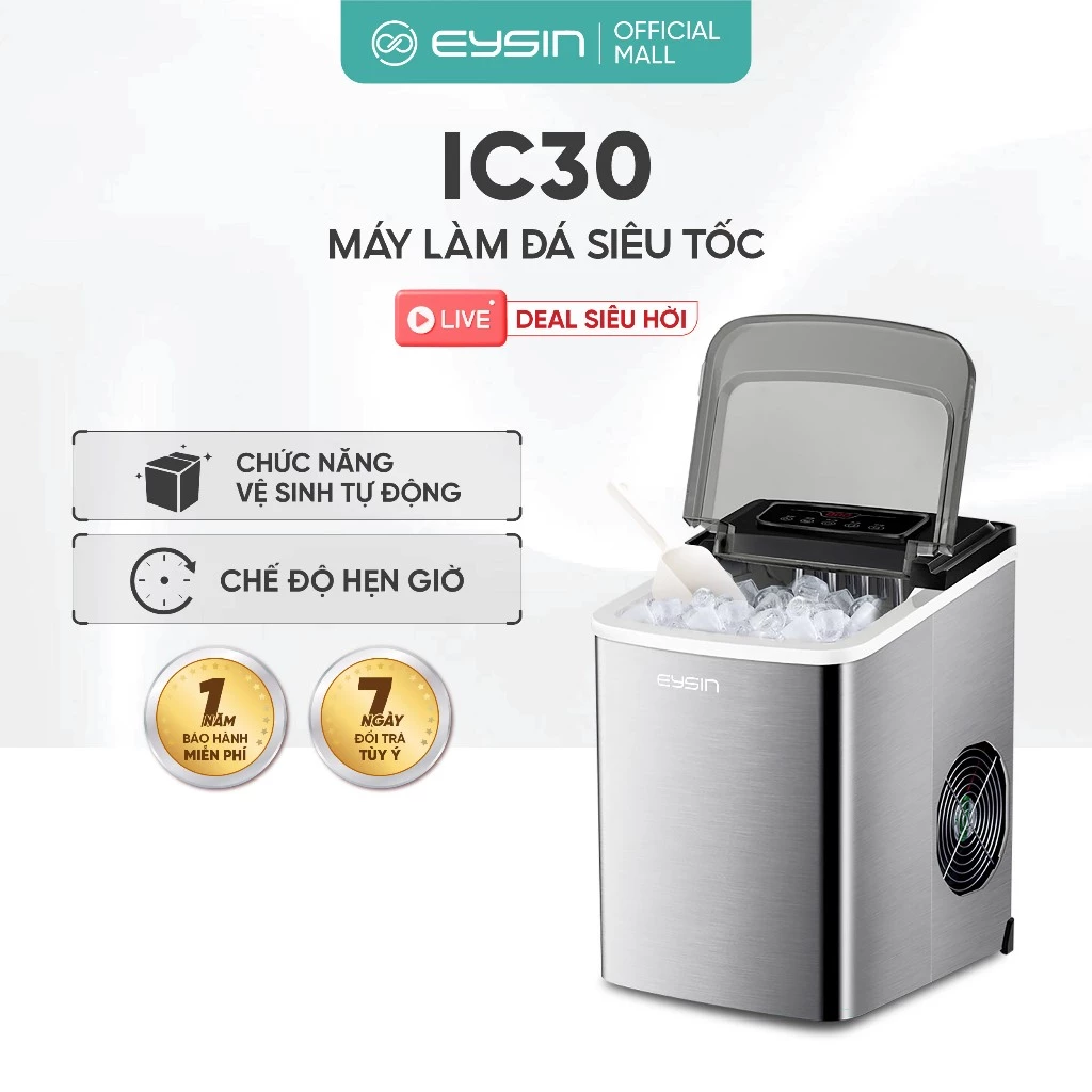 Máy Làm Đá EYSIN IC30 Làm Đá Viên Nhanh Tự Động Màn Hình Đếm Ngược Thông Minh Hẹn Giờ Làm Đá Chế Độ Tự Làm Sạch