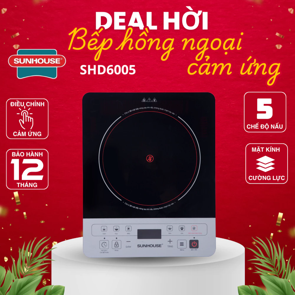 Bếp hồng ngoại cảm ứng SUNHOUSE SHD6005 - Có hẹn giờ và khóa an toàn trẻ em - Tặng kèm vỉ nướng