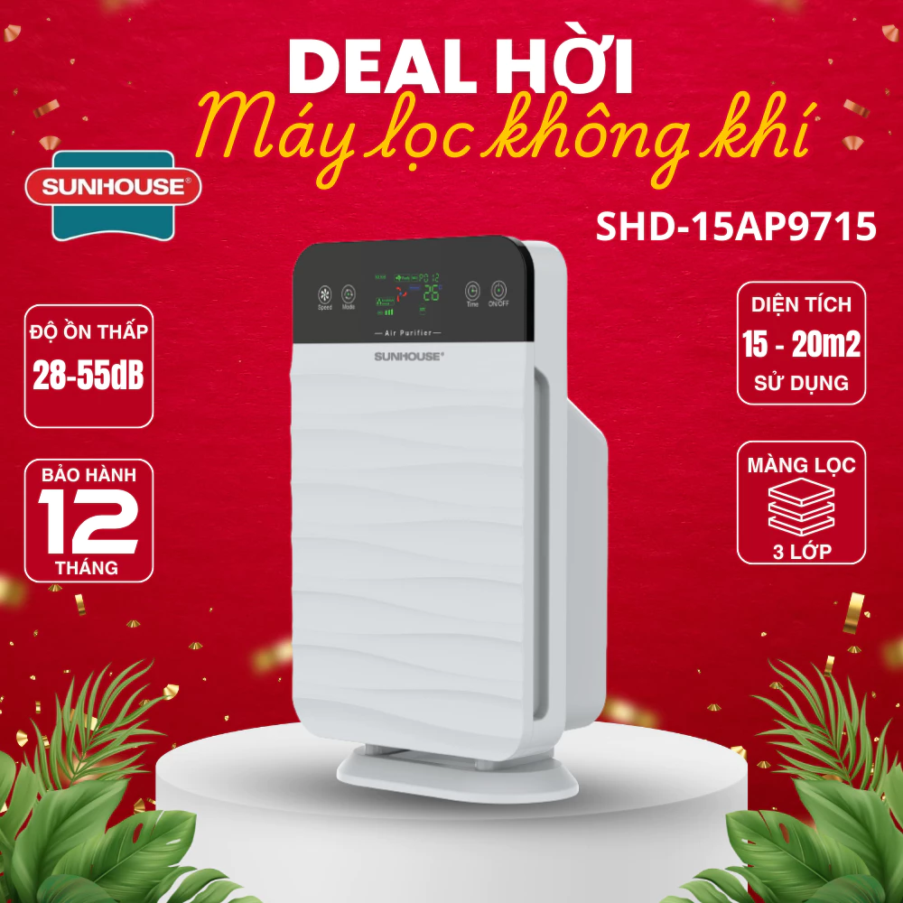 Máy lọc không khí Sunhouse SHD-15AP9715, 3 màng lọc, Màn hình Led - Bảo hành chính hãng