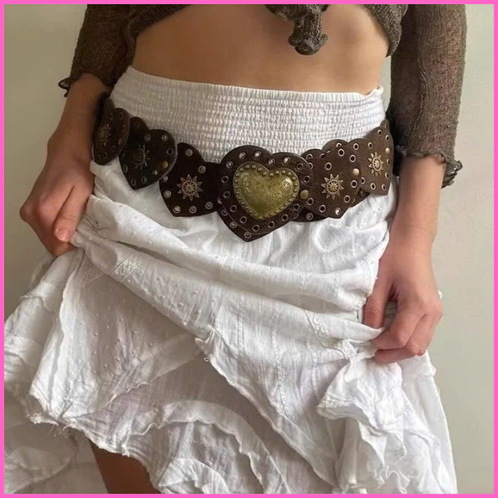Đai lưng đinh tán Y2K khóa trái tim bản lớn màu nâu, phụ kiện trang trí váy Vintage phong cách Âu Mỹ OLL383