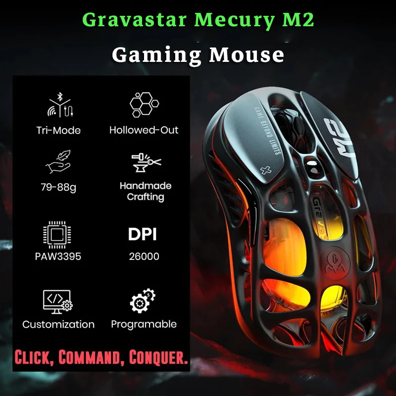 Chuột Gaming Gravastar M2/M1 - 3 Mode kết nối - PAW3395 26000 DPI - Thiết kế rỗng thoáng khí