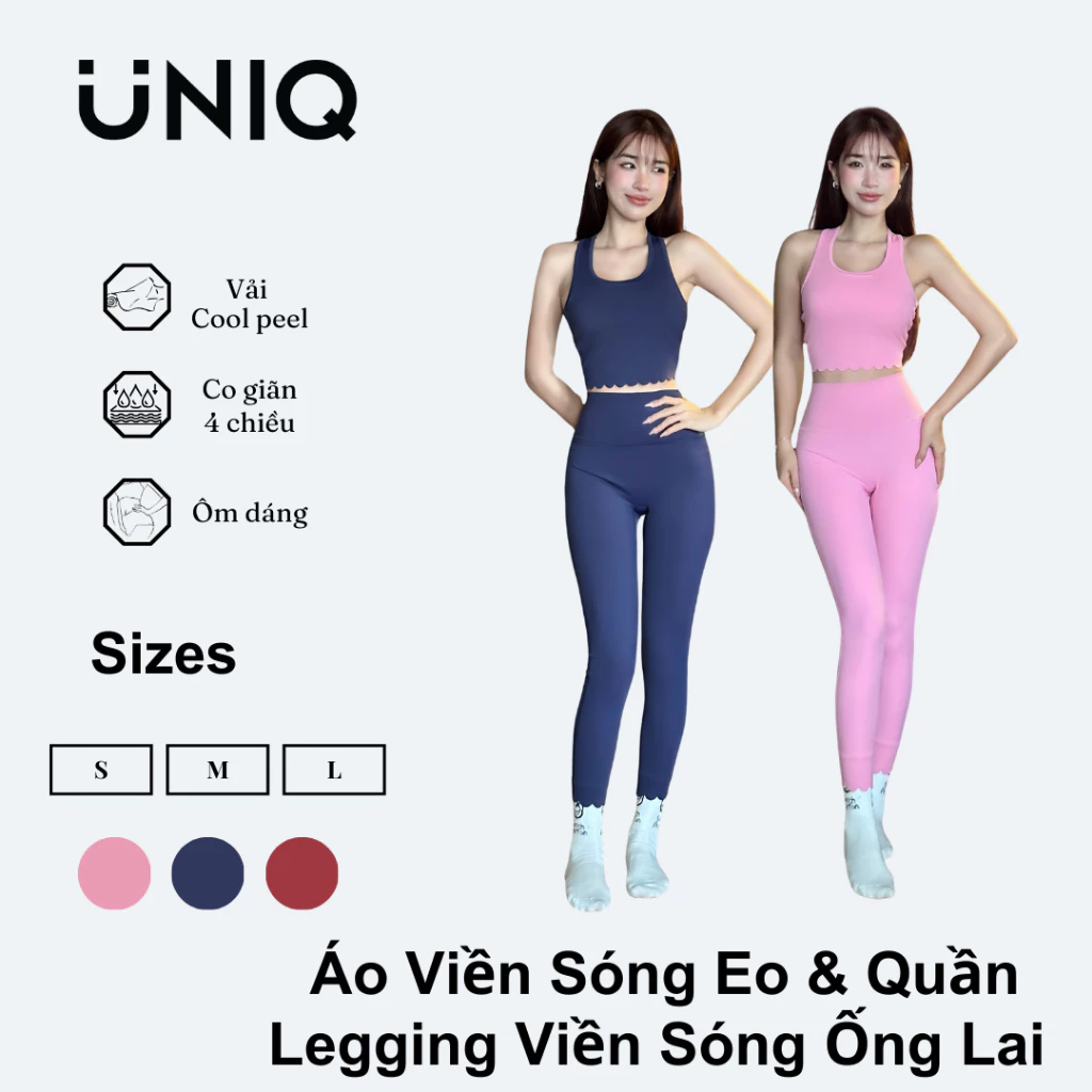 Bộ Đồ Tập Gym Yoga Nữ UNIQ Cool Peel - Áo Viền Sóng Eo & Quần Legging Viền Sóng Ống Lai