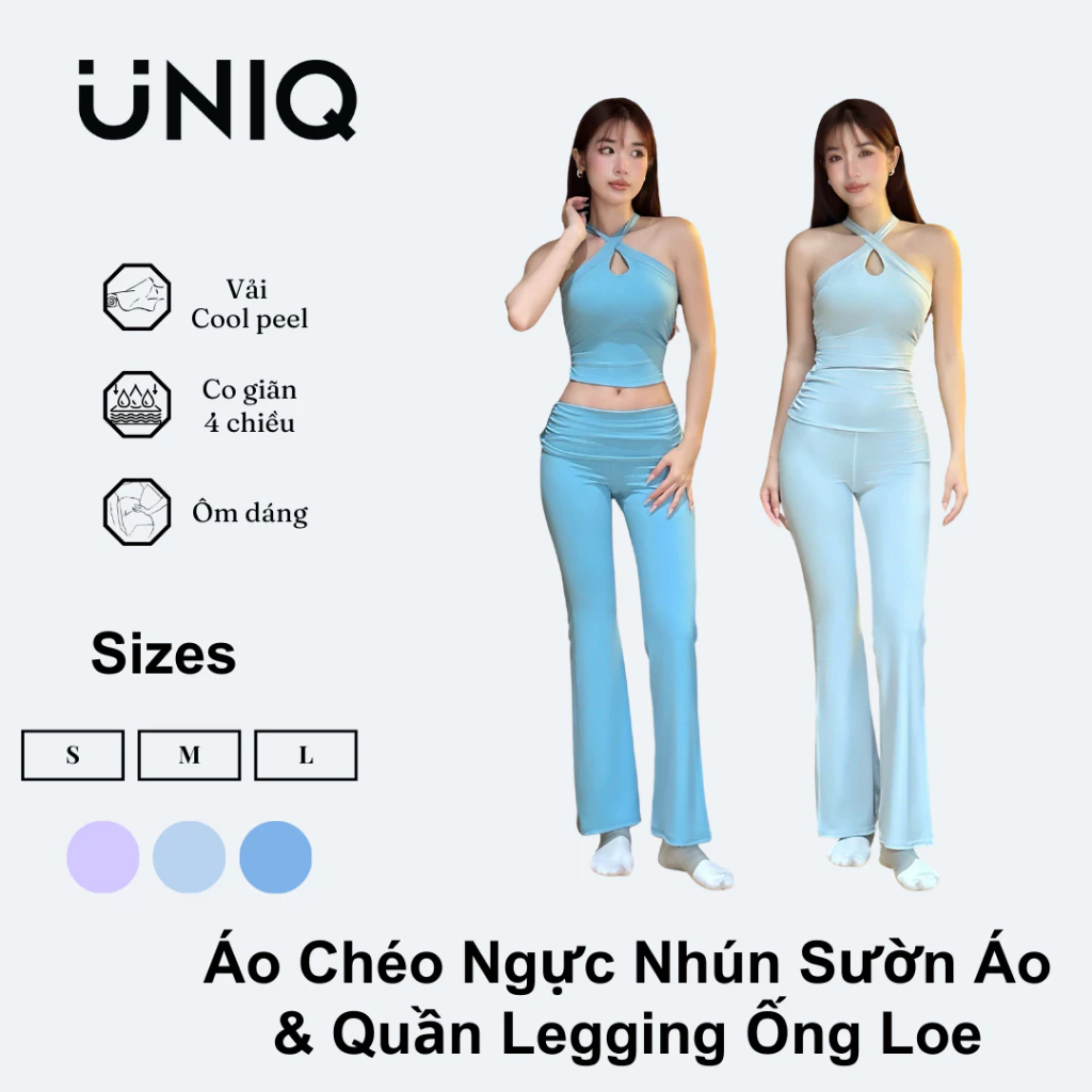 Bộ Đồ Tập Gym Yoga Nữ UNIQ Cool Peel - Áo Chéo Ngực Nhún Sườn Áo & Quần Legging Ống Loe