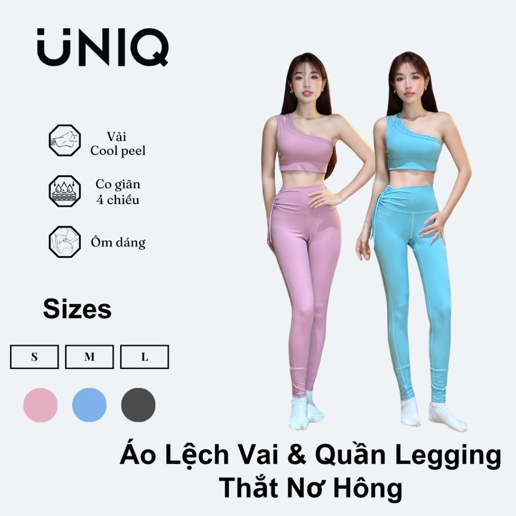 Bộ Đồ Tập Gym Yoga Nữ UNIQ Cool Peel – Áo Lệch Vai & Quần Legging Thắt Nơ Hông