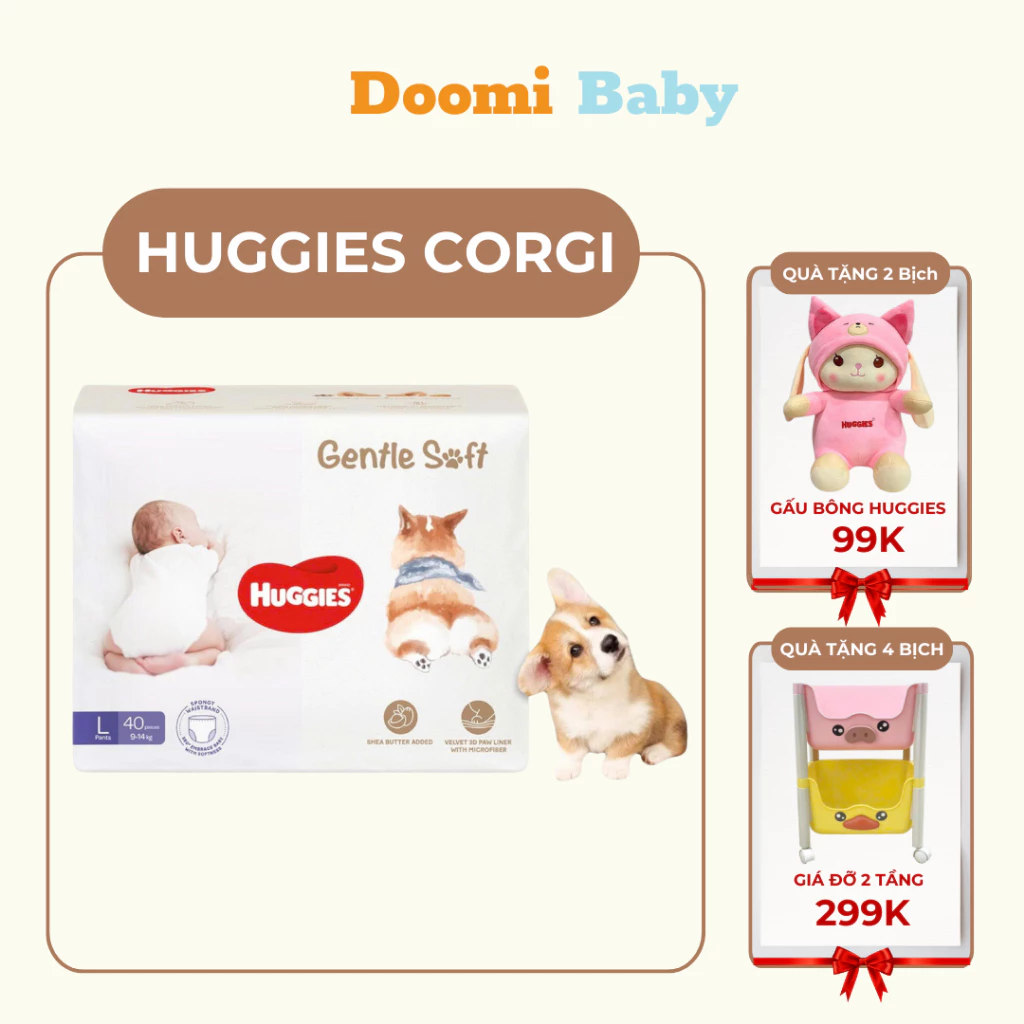 [COMBO 4 BỊCH + QUÀ] Bỉm Huggies Corgi Mềm Mại, Bỉm Hè Thấm Hút Chống Tràn Vượt Trội - HN007