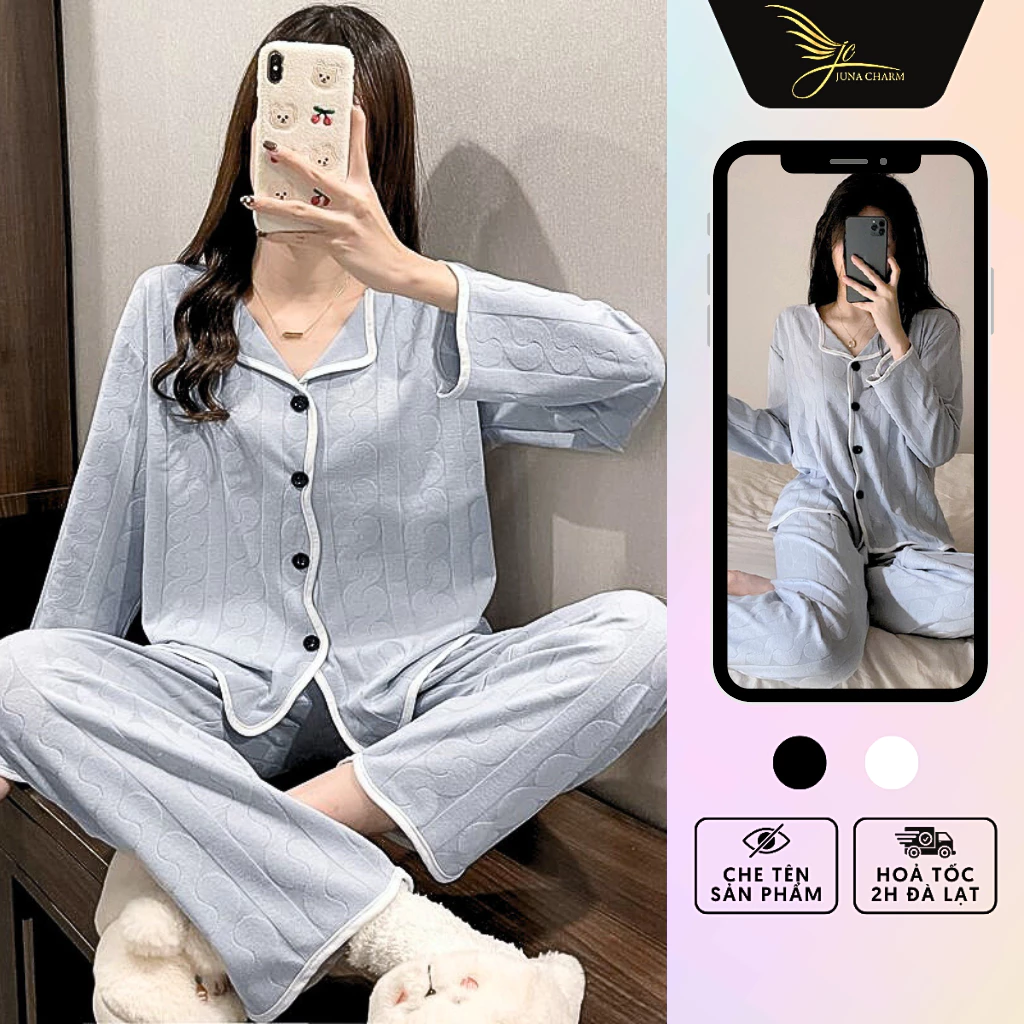 Bộ Pijama Mặc Nhà, Đồ Bộ Dài Trơn Cotton Thun JUNA Freesize Thời Trang Đồ Mặc Nhà Dành Cho Nữ, Màu Xanh Dương/SP632A