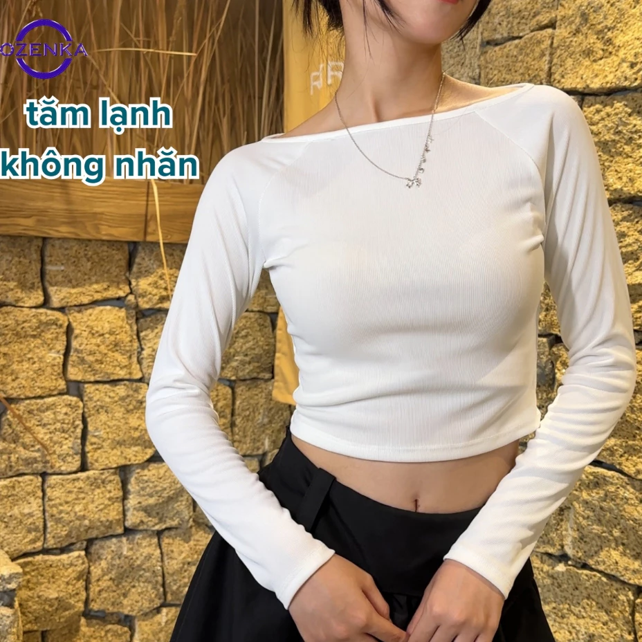 Áo croptop nữ ozenka tay dài cổ rộng trễ vai vải len tăm lạnh co giãn ôm body mặc đi chơi đi cafe hack dáng dễ phối đồ