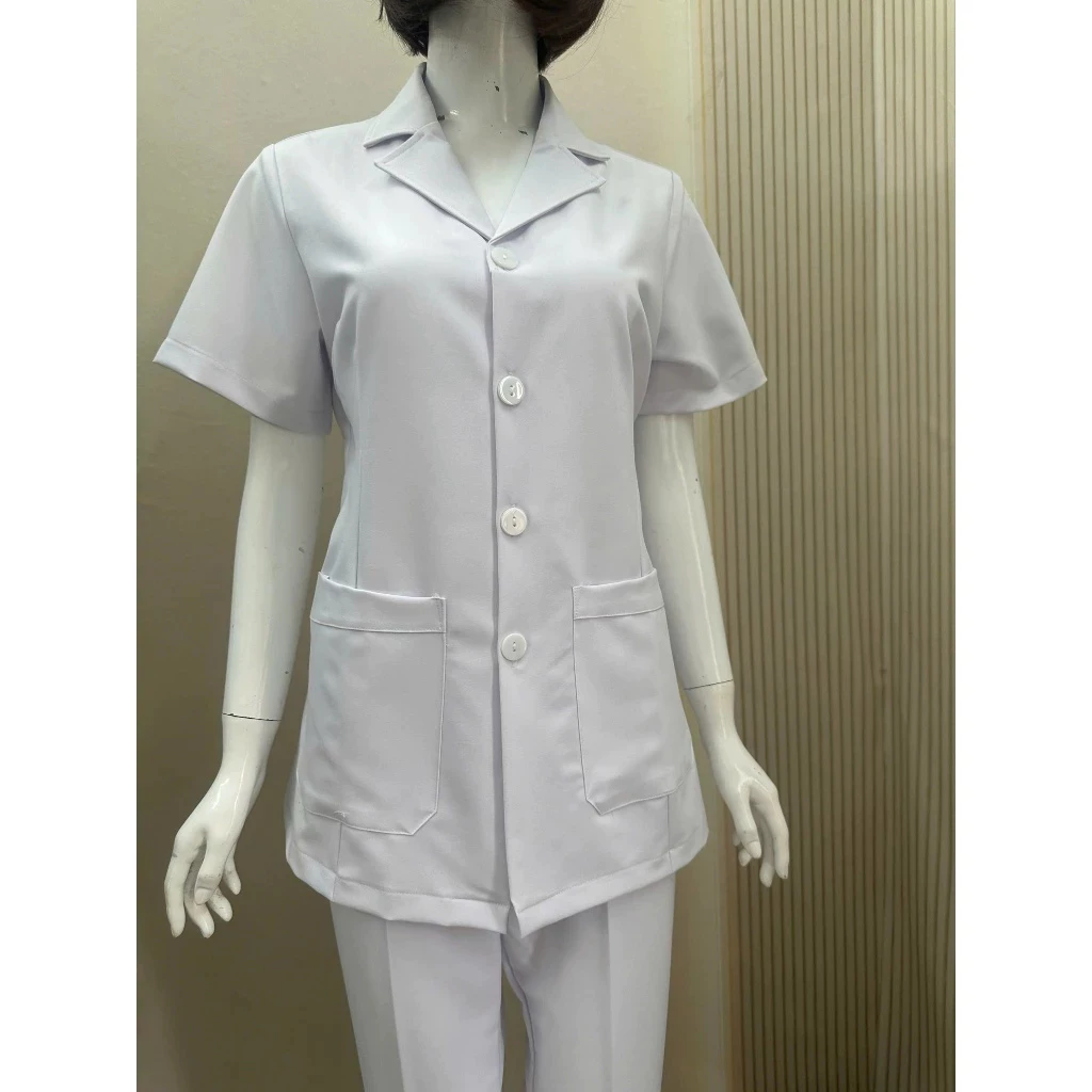Áo quần Blouse trắng dáng ngắn nam cho bệnh viện, phòng khám, bác sĩ, dược sĩ, spa cotton lạnh - Thành Trinh