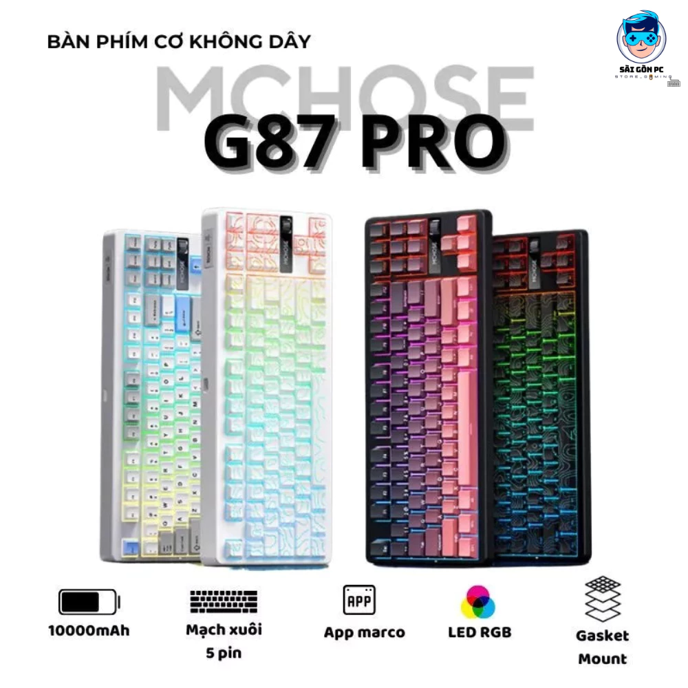 Bàn phím cơ không dây MCHOSE G87 - 3 mode kết nối - Led RGB - Layout 87% - Gasket Mount - Hotswap
