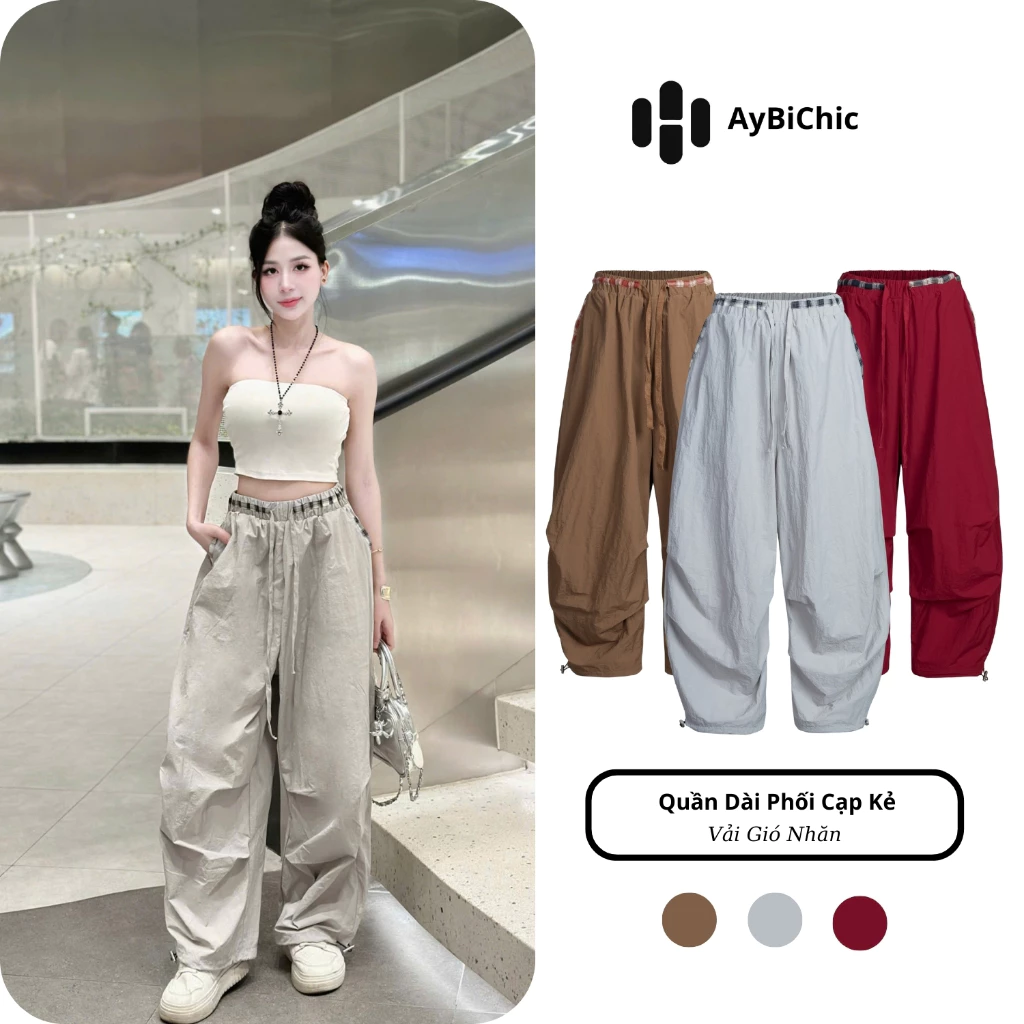 Quần Dài Nữ Ống Rộng Harem Dáng Đứng Phối Cạp Kẻ Vải Gió Nhăn Siêu Thoáng Mặc Cực Đẹp Năng Động Trẻ Trung A3358