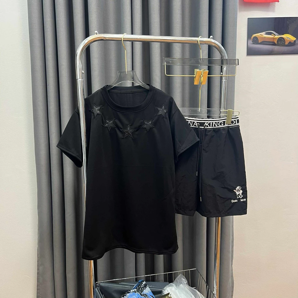 Bộ cộc nam ( áo thun ngôi sao đen phối quần short thêu cao bồi) chất vải thun lạnh from unisex dành cho nam