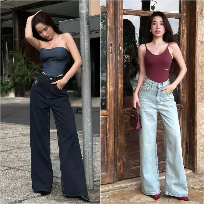 Quần Jean Nữ Ống Rộng 27cm Thêu Hoa Xanh Than MYUN – Lưng Cao Hack Dáng Cá Tính Trendy JR0006