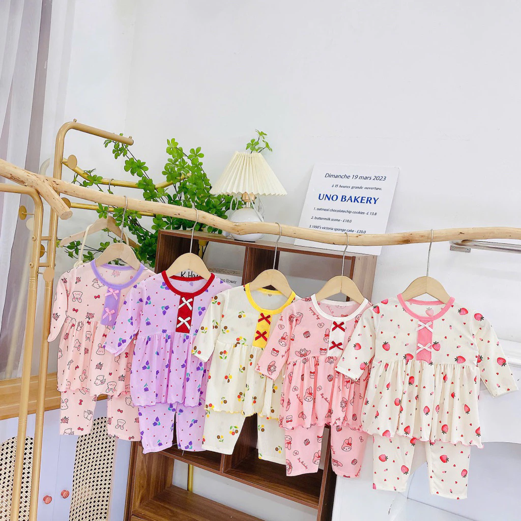 Combo 3 bộ - 5 bộ đồ dài tay dáng váy babydol dễ thương bé gái chất tăm lạnh mềm mát 5-16kg
