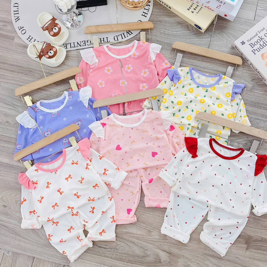 Combo 3 bộ -5 bộ cánh tiên dài tay cho bé gái hoạ tiết dễ thương chất tăm lạnh mềm mát 5-16kg