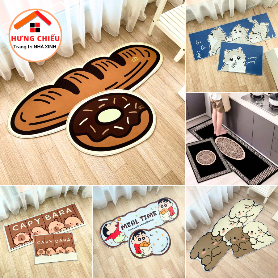 Thảm lau chân nhà bếp, chùi chân trải sàn chống trượt cao cấp đế cao su hút nước Hưng Chiếu ED02