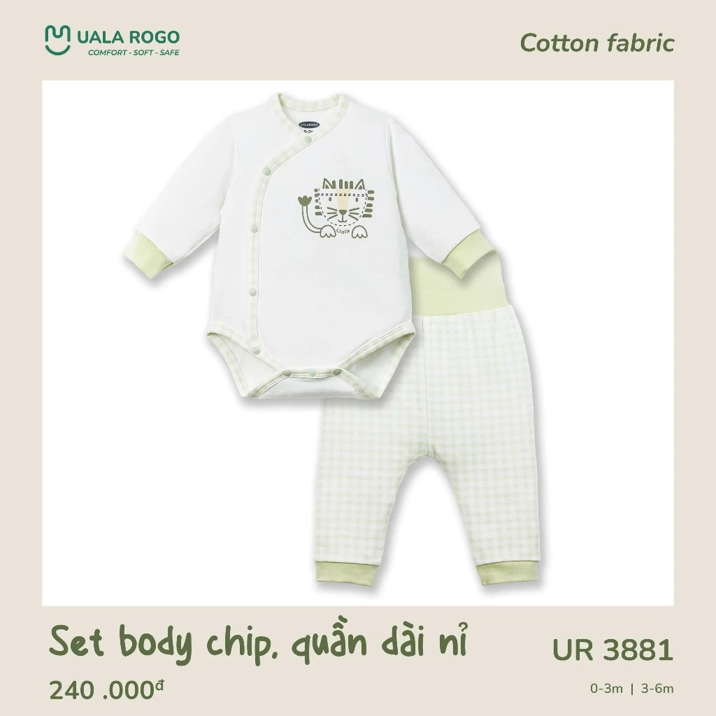 Body thu đông nỉ chip kèm quần bé sơ sinh Uala rogo dài tay vải Cotton bodysuit  dày vừa ấm co giãn mềm mại 3881 Ualarog