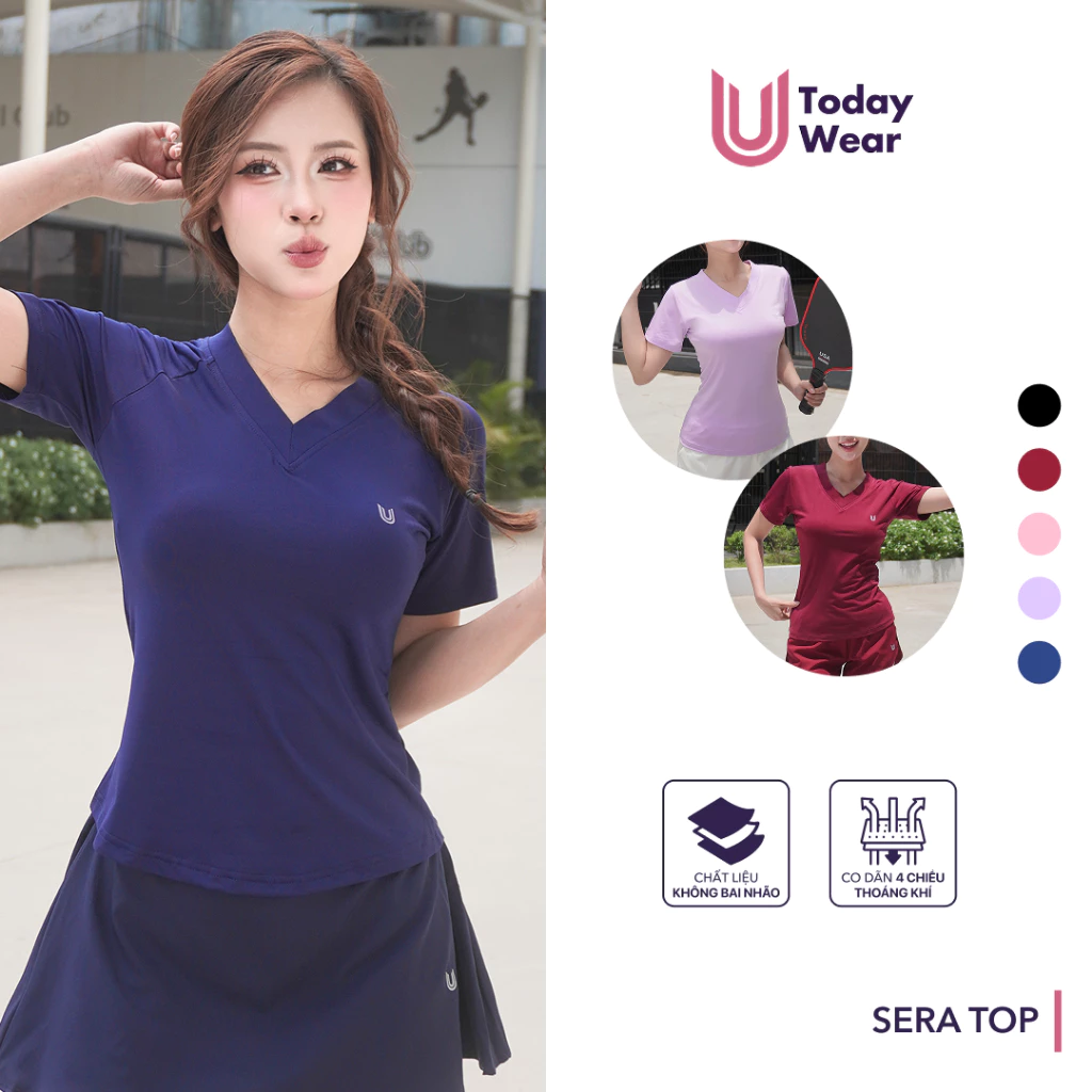 Áo thun cổ tim nữ Sera Top Today U Wear ngắn tay vải thoáng mát co dãn thấm hút mồ hôi chơi cầu lông pickleball