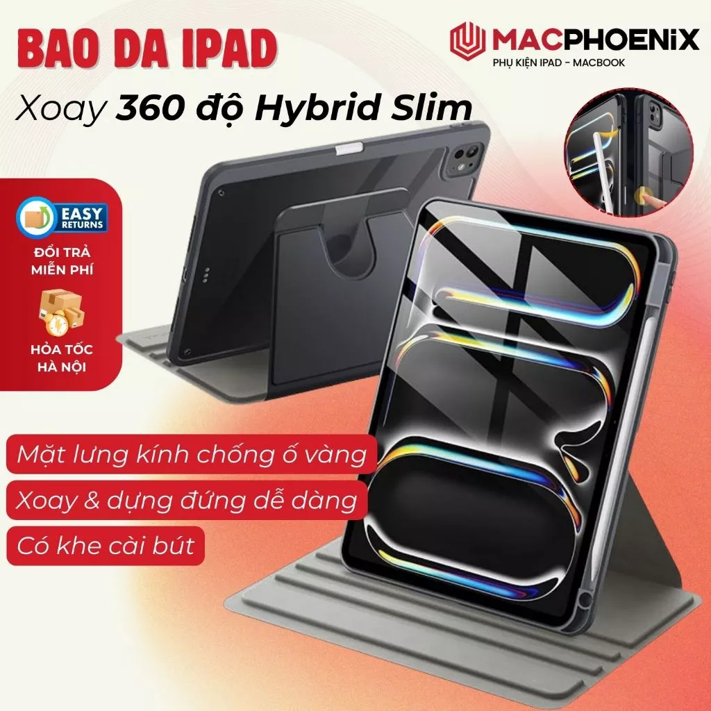 [Xoay 360 độ] Bao da Ipad Hybrid Slim Pro 11 Pro 12.9 Air 4/5/6 Gen 9,10 Ốp Ipad Có Khe Sạc Bút P07