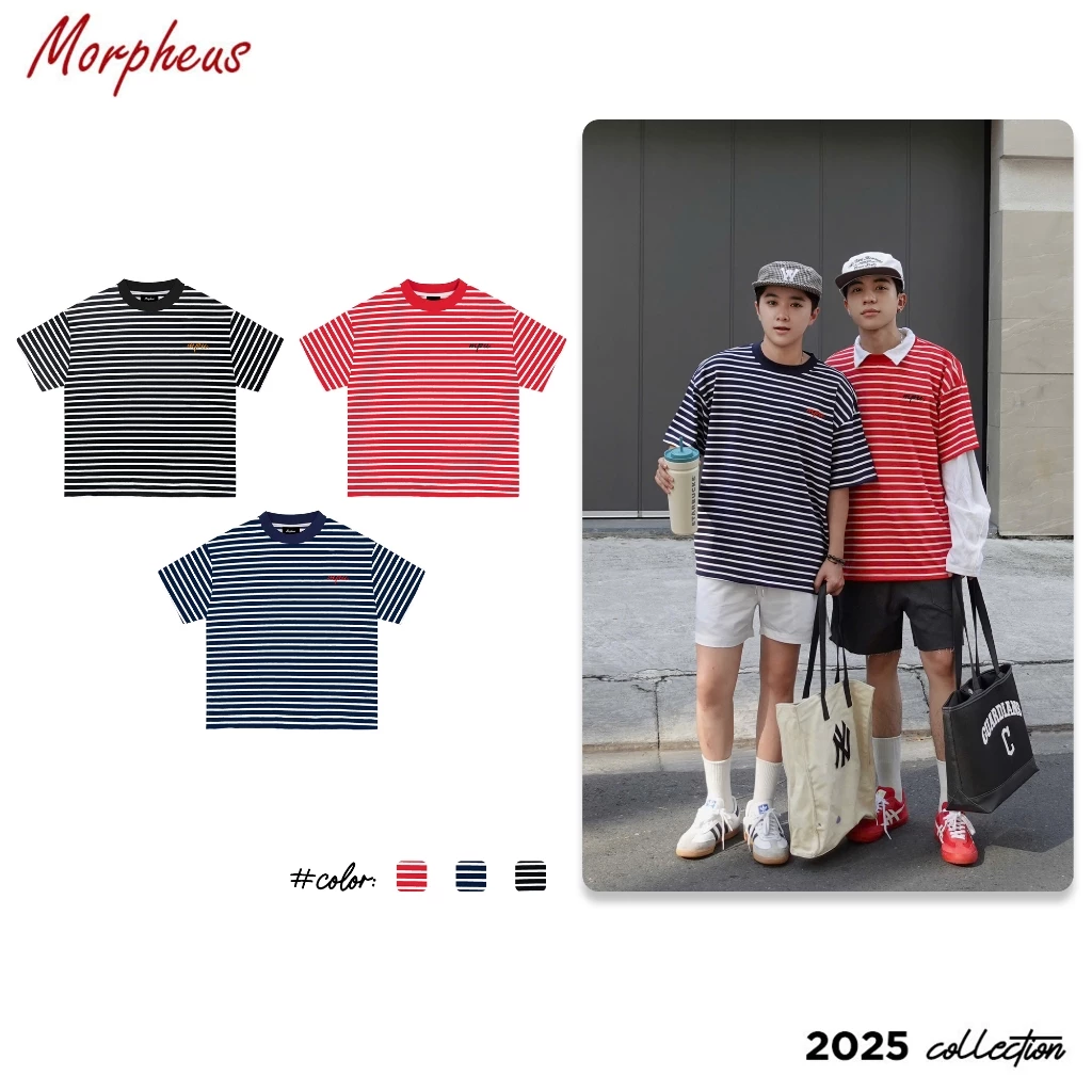 Áo thun Boxy sọc ngang Local Brand Morpheus, Áo thun sọc ngang Form rộng co giãn thoải mái, Áo thun kẻ sọc thêu chữ