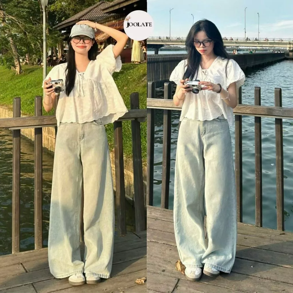 Quần Jean Ống Suông Rộng Joolate Quần Jean Màu Xanh Bạc Wassh Vàng Đứng Phom Tôn Dáng