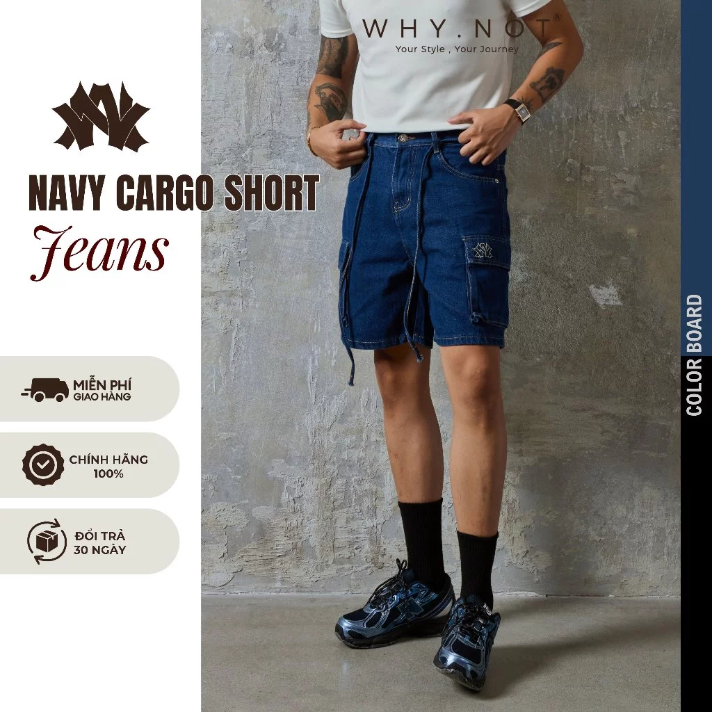 [Có Bigsize] - Quần Short Jean Nam Túi Hộp WHY.NOT NAVY CARGO SHORT JEANS Form Rộng Trên Gối - Quần Đùi, Quần Sooc Bò