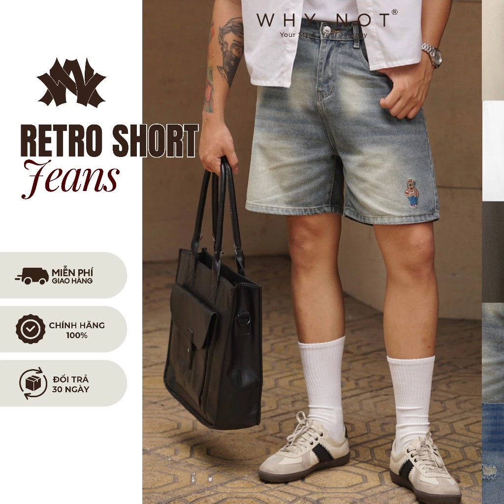 [VÕ HOÀNG YẾN x WHY.NOT] - Quần Short Jeans Nam Retro Blue Form Trên Gối Thêu Linh Vật - Quần Đùi Bò