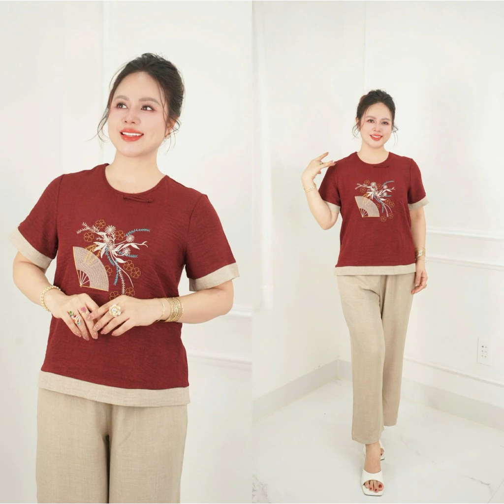 Đồ bộ trung niên, Sét đồ kiểu  cho các mẹ,quần dài ống rộng, chất đũi lụa vân  thoáng mát  Ms101