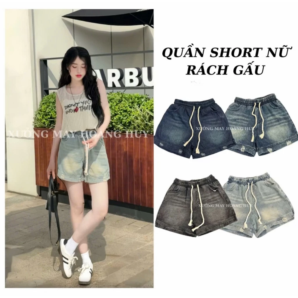 Short nữ jean mềm, Quần đùi bò nữ Rách Gấu phong cách cá tinh, cạp chun co giãn thoải mái bigsiz
