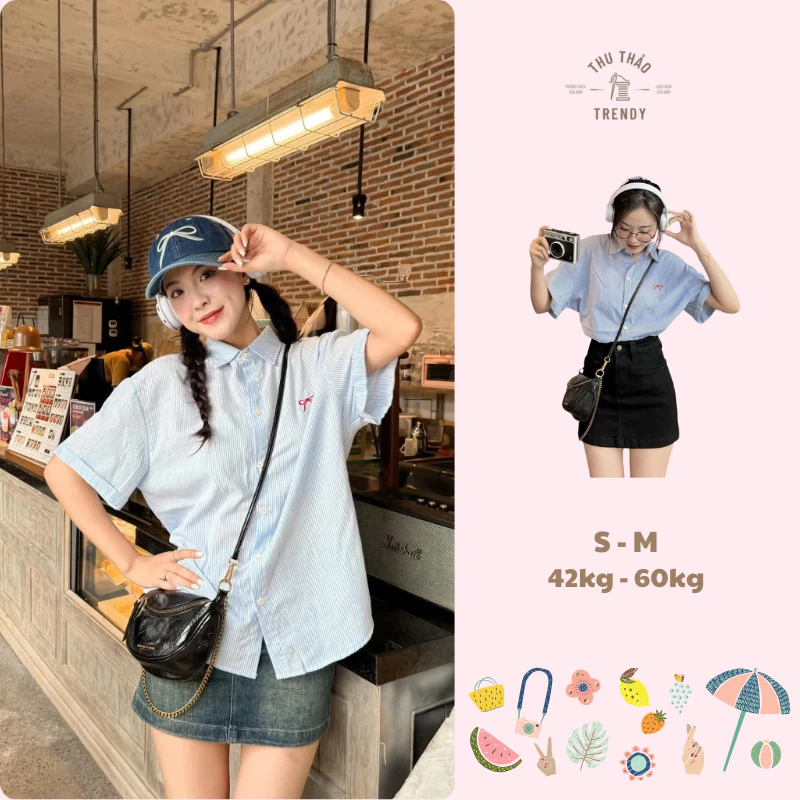 Áo Sơ Mi Nữ Ngắn Tay Form Rộng Kẻ Sọc Thêu Nơ Phong Cách Hàn Quốc Vải Kate Cao Cấp, Áo Sơ Mi Học Sinh Basic