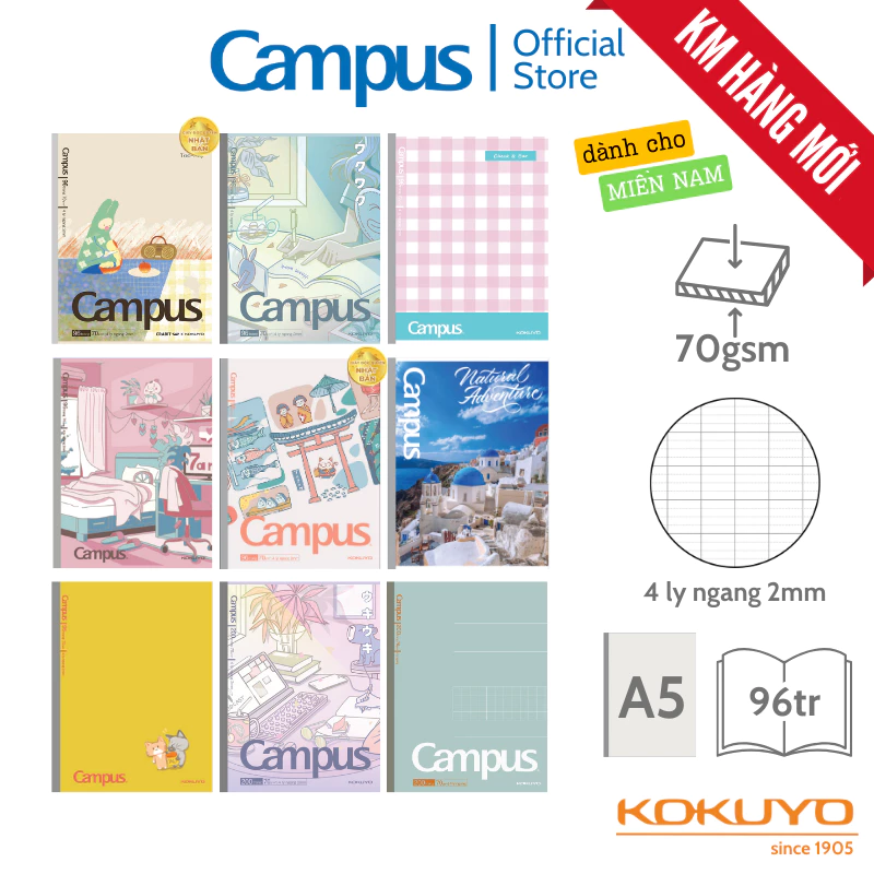 [Miền Nam] Tổng hợp nhiều mẫu Tập Học Sinh KHỔ A5 dòng 4 Ly Ngang 2mm Campus Gáy Keo 96/200tr Chính Hãng Campus