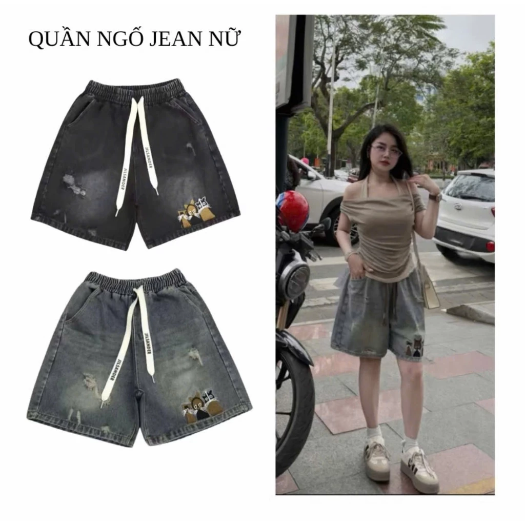 Quần đùi jean nữ, quần ngố bò thêu Meomeo from đẹp - vải jean mềm mát, cạp chun co giãn thoải mái BIGSIZE ( 40-75kg)