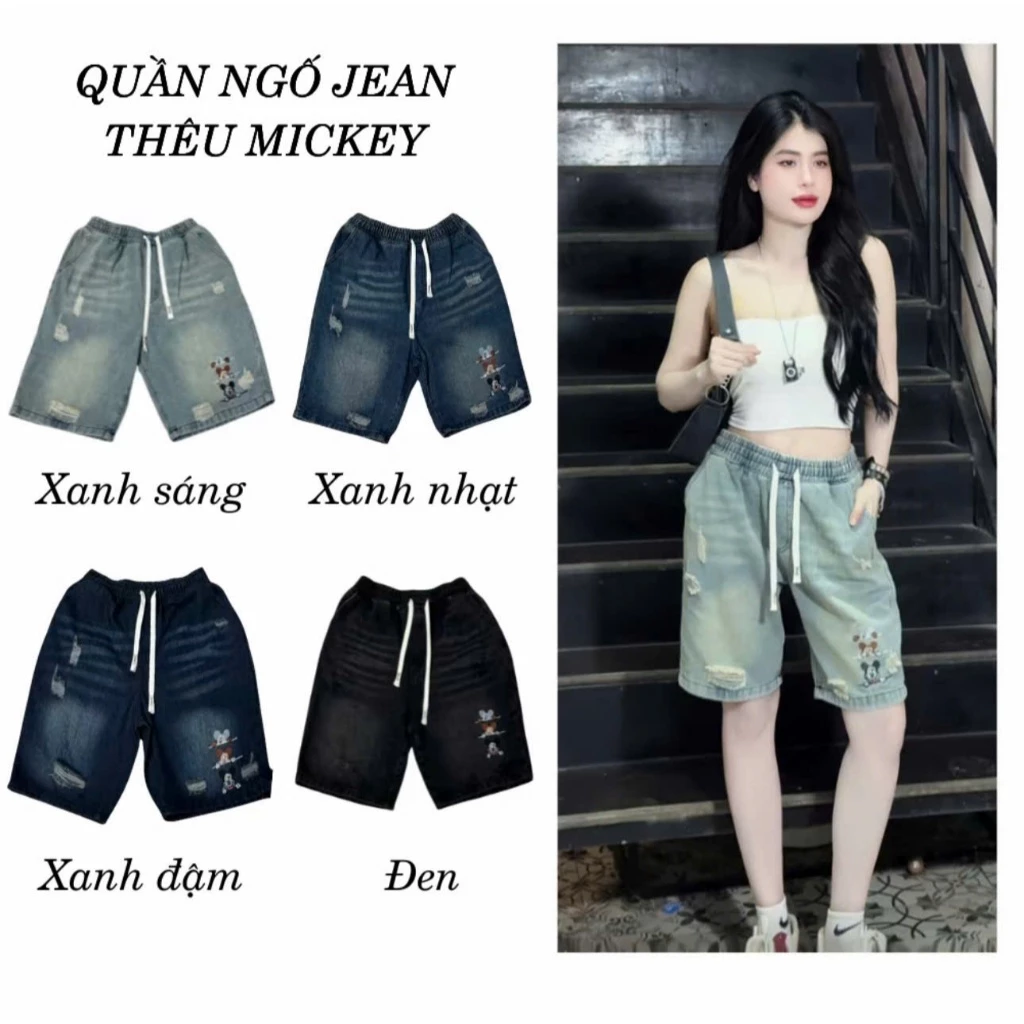 Combo 2 Quần (Có lẻ 1c) Jean ngố nữ thêu hình MICKEY Cào Rách - Trơn, Quần bò đùi ngố nữ cạp chun co giãn thoải mái bigs