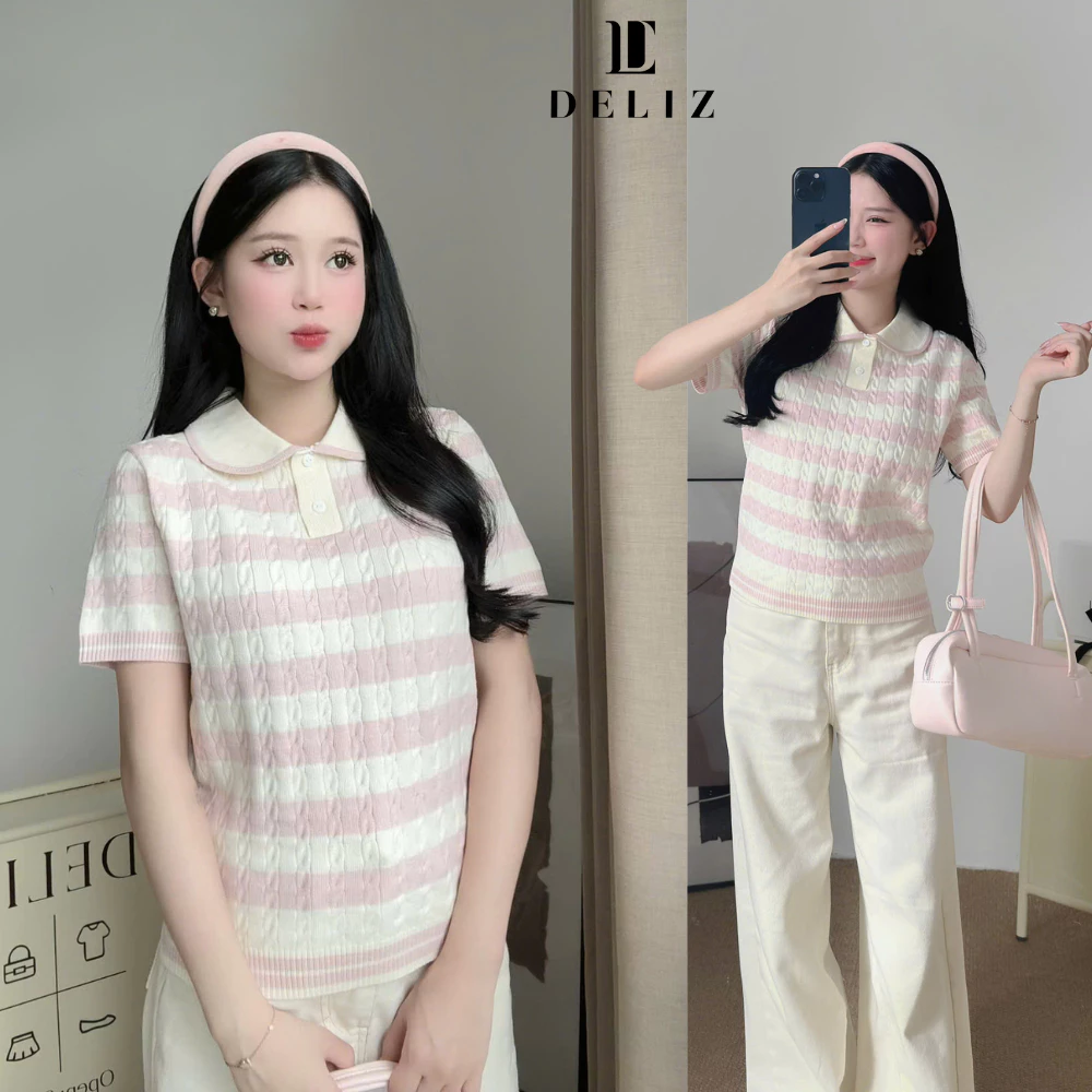 Áo len ngắn tay cho nữ phối màu patsel kẻ ngang phối cổ sen tiểu thư len lông thỏ DELIZ PL32 300G