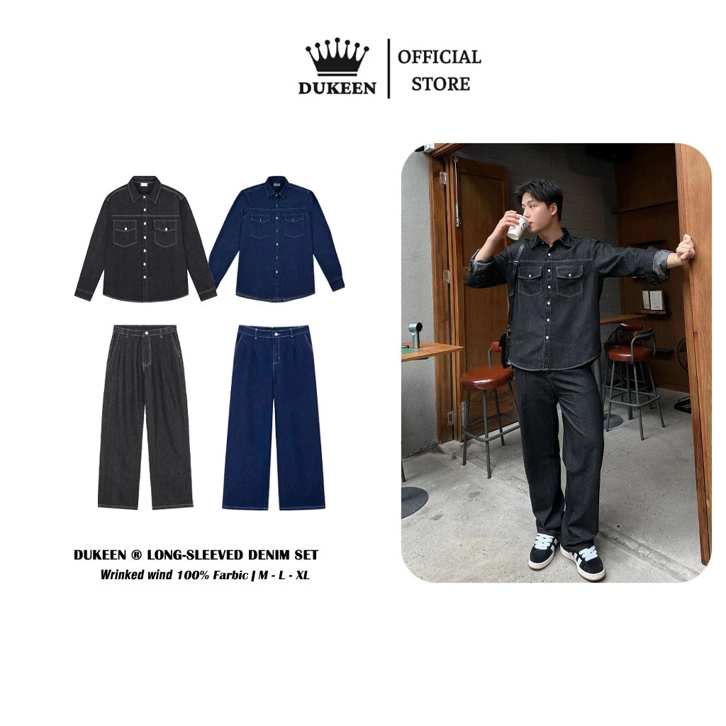 Set Denim Dài Gồm Áo Sơ Mi Tay Dài Jeans Form Unisex Và Quần Jeans Ống Rộng DK070