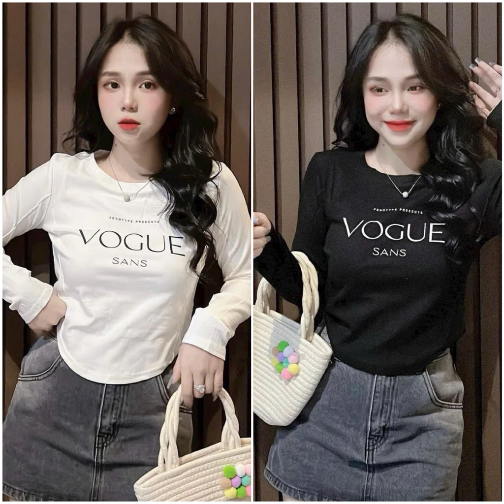 Xinh🌷 Áo thun tay dài borip thu đông chít viền thân in VOGUE tà bầu siêu xinh