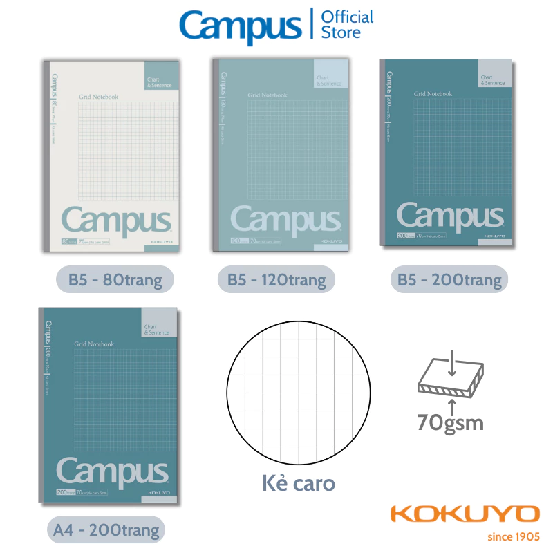 Vở Gáy Keo Kẻ Caro Basic Notebook 80/120/200 Trang A4/B5 70gsm Phong Cách Đơn Giản Chính Hãng Campus